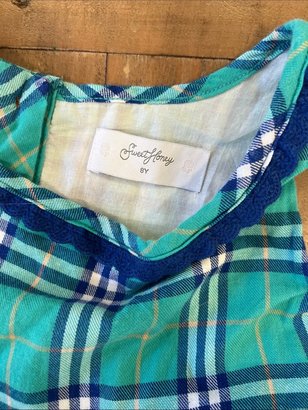 SweetHoney Aqua and navy plaid sleeveless tunic girls 8